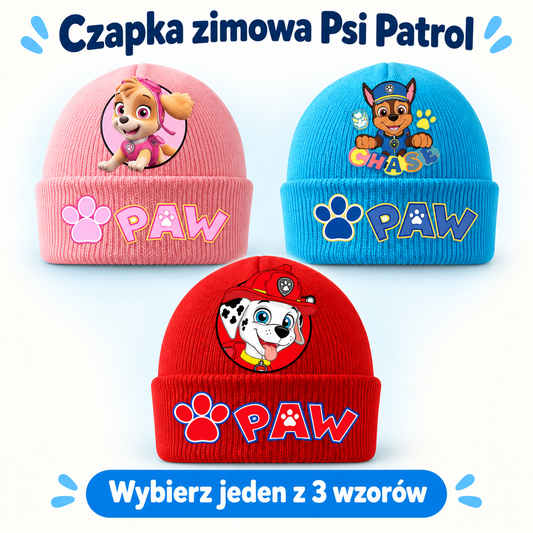 Czapki Psi Patrol: różowa Skye, niebieska Chase i czerwona Marshall